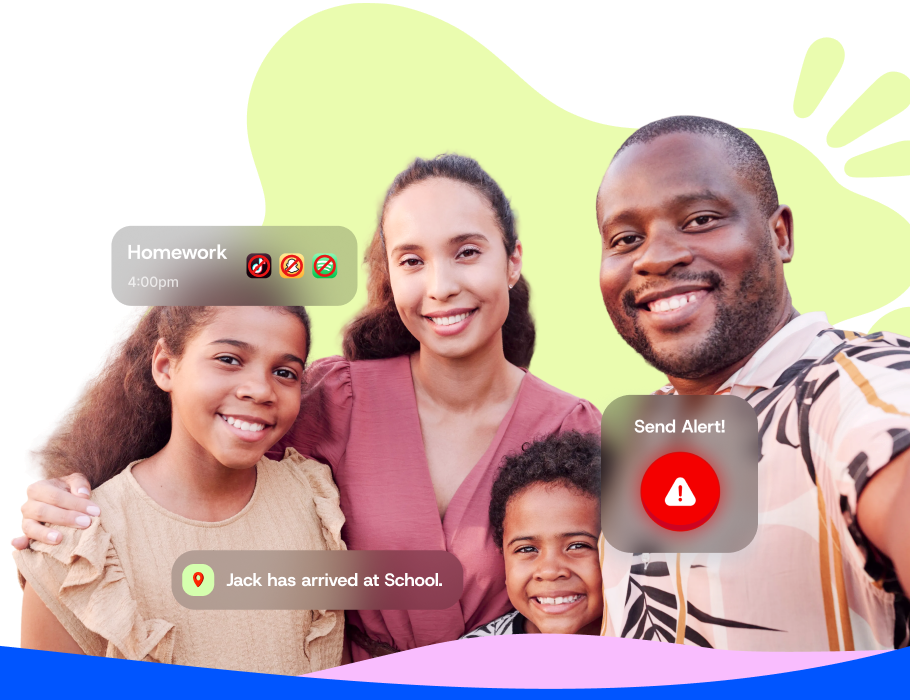 A happy family with FamilyShield homework limits, a school arrival notification, and an emergency alert.